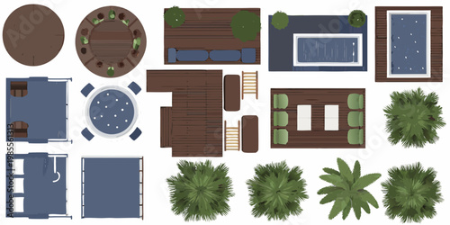 Aerial view of various outdoor spaces including pools patios and landscaping
