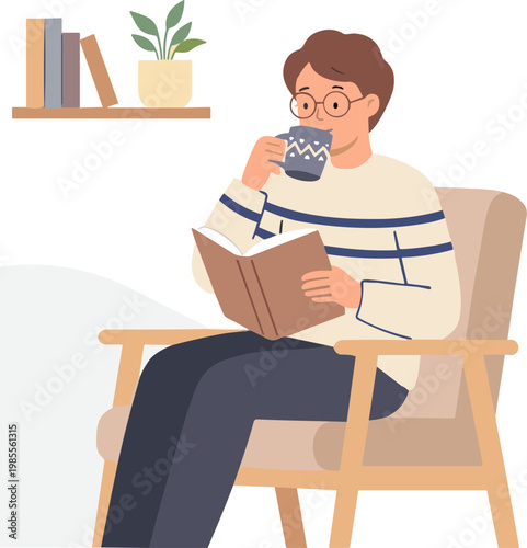 A man sits in a chair reading a book and drinking coffee indoors