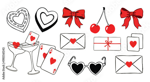 Romantic retro vector clip art set with hand-drawn hearts, red bows, cherries, ace of hearts playing cards, love letters, and martini glasses in a vintage aesthetic.