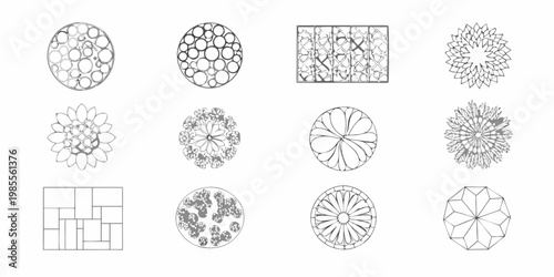 Collection of detailed black and white botanical and geometric illustrations