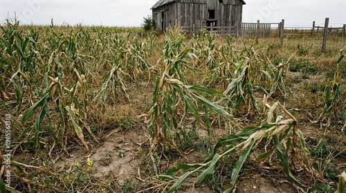 Weathered wooden barn beside a damaged cornfield, overcast rural landscape suggests hardship and resilience, useful for agriculture and climate impact themes
