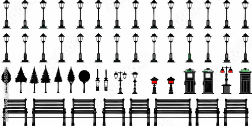 Collection of vector street lamps park benches and decorative elements