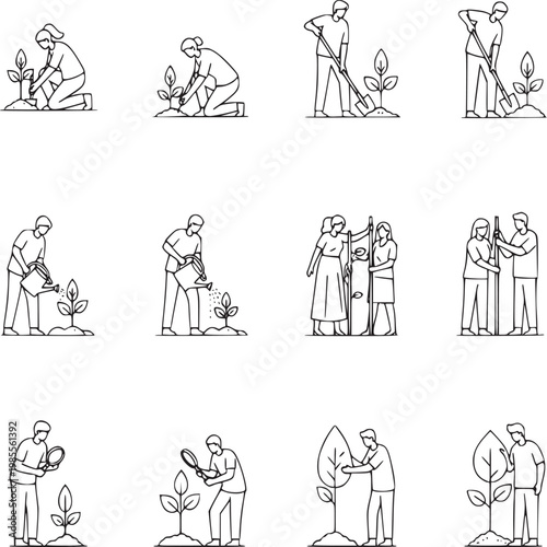 Set of gardening activities vector illustrations for lifestyle and education concepts