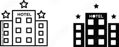 Minimalist hotel building icons with stars, black and white lodging symbols for travel apps, simple 3 star hotel vector illustrations