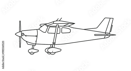 Single engine turboprop aircraft flying in outline style illustration; small plane with propeller; isolated aviation transport