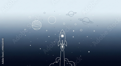 Rocket launching into space with planets and stars a minimalist vector illustration for science and exploration concepts perfect for technology and future themes