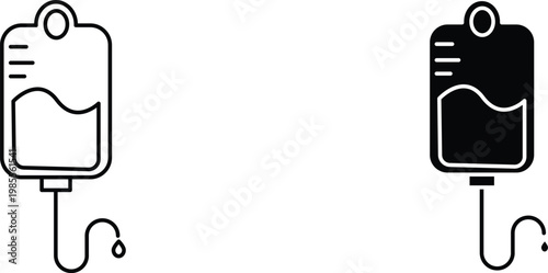 Medical IV bag icons in line and solid styles, intravenous drip fluid bag vector set, healthcare saline infusion equipment symbols for hospital apps