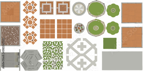 Overhead view of various building components and architectural elements