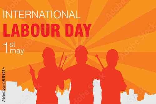Labour Day illustration showing worker unity, construction helmets, and urban silhouette. eps 10