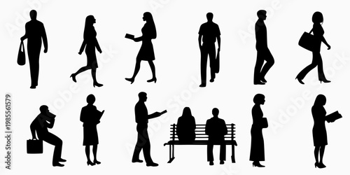 Silhouettes of diverse people walking sitting and interacting in public