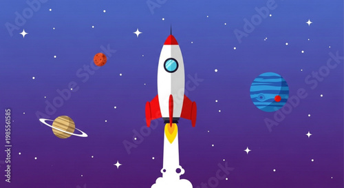 Retro rocket launching into starry space with planets flat vector illustration for science and exploration themes