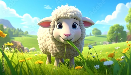 A cartoon sheep standing in a field.