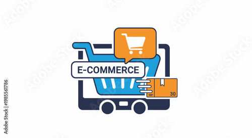 E-commerce shopping cart illustration on tablet for online retail order delivery digital sale promotion graphic with vector box