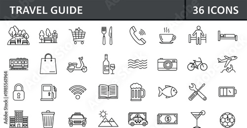 Travel guide tourism services line icons set vacation transport hotel essentials outline vector symbols collection