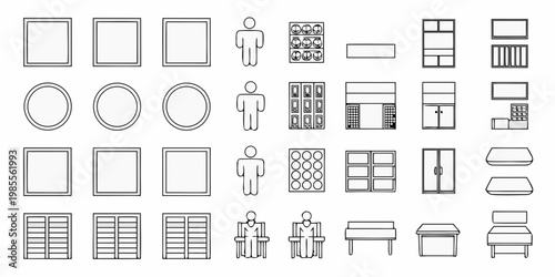 Black and white line drawing of furniture and architectural elements