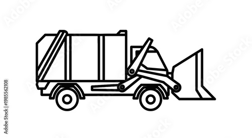 Front loader garbage truck line drawing illustration; waste collection vehicle icon in simple black and white outline style for graphic design.