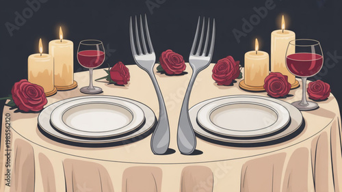Romantic dinner setup with candles wine roses on table
