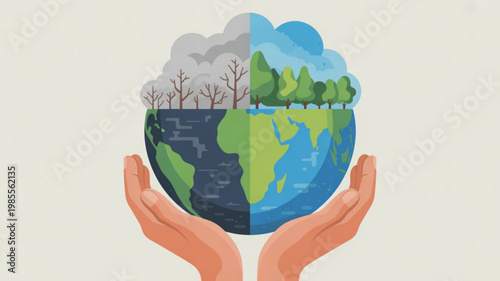 Hands holding a split earth with a healthy and polluted environment symbolizing climate change and sustainability