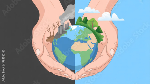 Hands holding a globe with contrasting environments pollution versus nature symbolizing eco friendly choices and global conservation efforts for a sustainable future