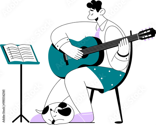Melodic Serenity: A man, serenely lost in the music, strums a guitar. A dog sleeps peacefully.  A music stand holds sheet music.