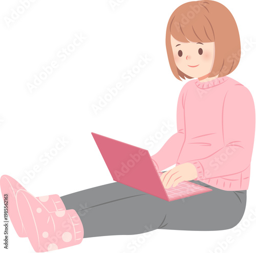 Lovely young girl using laptop  with sitting on the flour