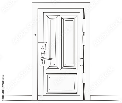Architectural drawing of a modern entrance door with a sleek handle and lock mechanism