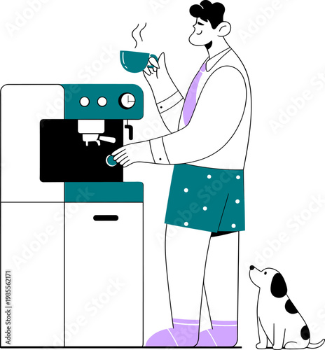 Coffee Ritual at Home: A man, embracing the calm morning routine, pauses to enjoy a steaming cup of coffee, accompanied by his loyal companion.