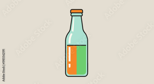 Stylized beer bottle vector illustration in light green and orange; simple drink icon with outline on light beige background