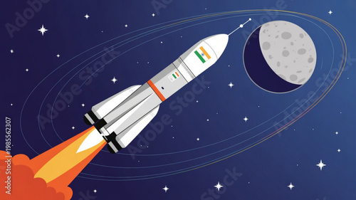 Rocket ship blasting off into space with moon and stars in background cosmic travel concept