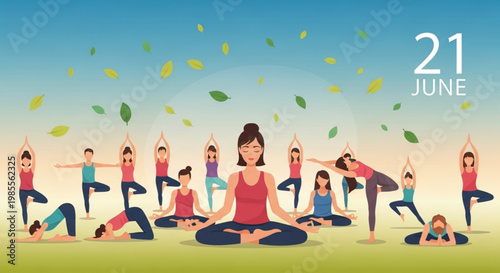 Diverse group of people practicing yoga poses outdoors on International Yoga Day promoting wellness and healthy lifestyle vector illustration
