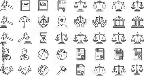 Law justice legal scales line icons set court gavel attorney legislation outline vector symbols collection