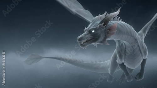 Ancient myth creature dragon soaring through mysterious mist