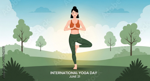 Woman practicing yoga tree pose in a park on International Yoga Day promoting wellness and healthy lifestyle flat vector illustration