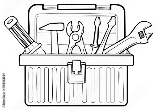 Line Art Illustration of an Open Toolbox Filled With Various Hand Tools