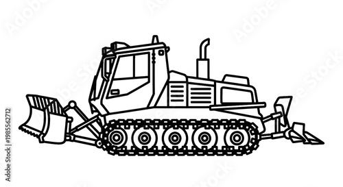 Illustration of an earthmover tractor for construction and excavation featuring a blade and tracks in black and white outline style