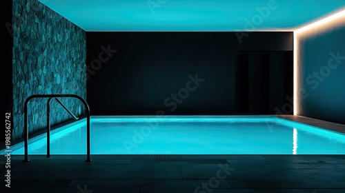 Indoor swimming pool glows with bright cyan illumination creating a tranquil, modern atmosphere