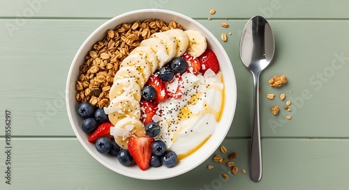 Delicious breakfast bowl with granola, banana, strawberries, blueberries, and yogurt on a green wooden table