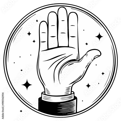 Hand Reading Circle Design Astrology Divination Palmistry Black and White Illustration