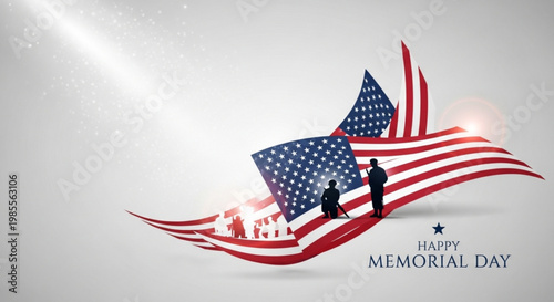 American flags and silhouettes of soldiers honoring Memorial Day a patriotic concept for remembrance and national pride vector illustration on a light background
