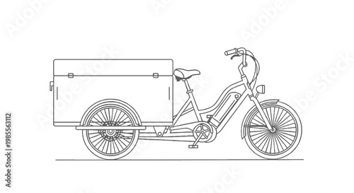 Line art illustration of an electric cargo tricycle with a storage box isolated on white for transportation and delivery purposes