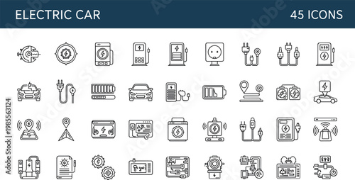 Electric car charging EV line icons set battery station vehicle energy outline vector symbols collection