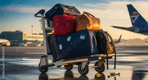 Luggage cart stacked with bags and suitcases at airport terminal apron with plane in the background travel themed illustration