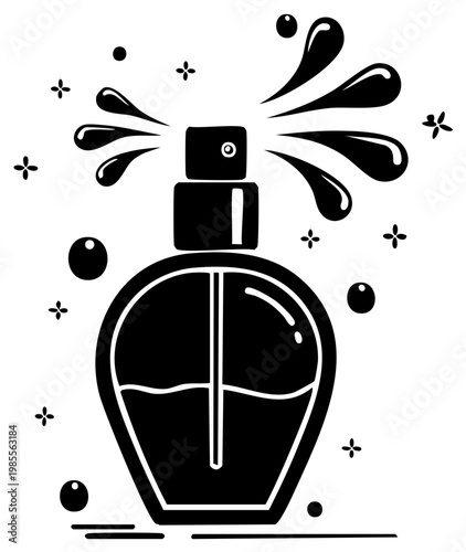 Black and white perfume bottle with spray and decorative elements