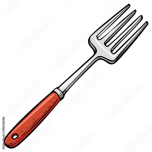 Hand drawn illustration of a classic kitchen fork with a red wooden handle.