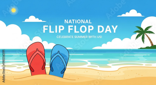 National Flip Flop Day celebration banner with colorful flip flops on a sandy beach representing summer vacation and tropical holidays perfect for social media and advertising