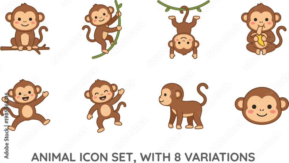 Obraz premium Monkey animal icon set featuring 8 variations including sitting, climbing, hanging on branch, walking, playful pose, smiling, and monkey head icon. Flat vector illustration with clean lines isolated 