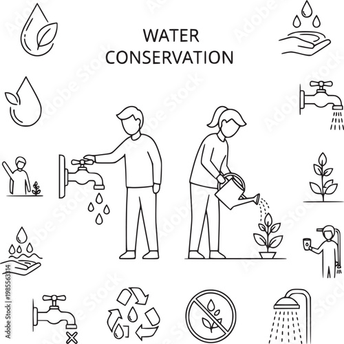 Flat design illustration of water conservation practices and eco-friendly lifestyle habits