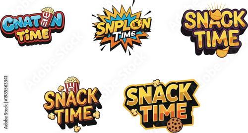 A colorful collection of cartoon style speech bubbles and labels proclaims snack time and chat time with playful designs high quality professional detailed
