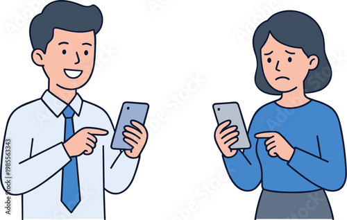Man and woman compare smartphones with concerned and happy expressions