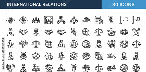 International relations line icons set global diplomacy politics cooperation agreement world communication outline vector symbols collection